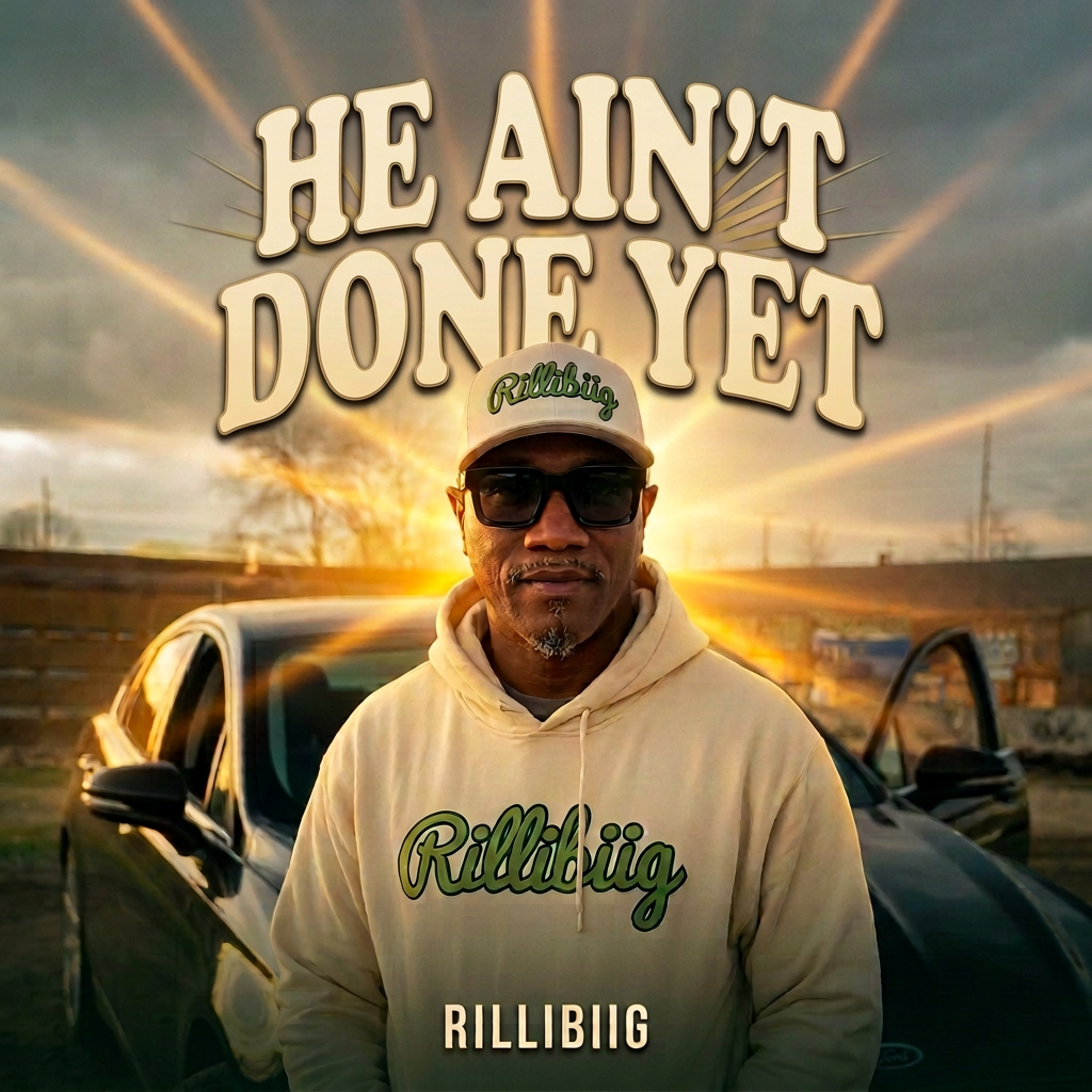 He Ain’t Done Yet album cover with curved cream lettering, golden sunrays, and cream Rillibiig hoodie and cap